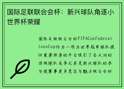 国际足联联合会杯：新兴球队角逐小世界杯荣耀
