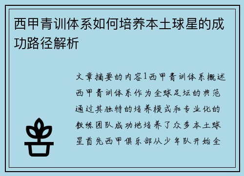 西甲青训体系如何培养本土球星的成功路径解析